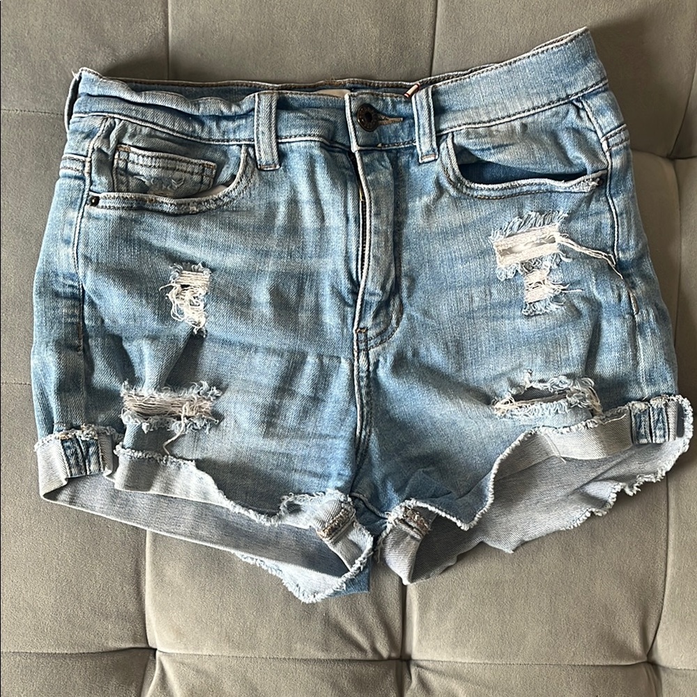 Sneak Peak High Rise Distressed Denim Shorts
